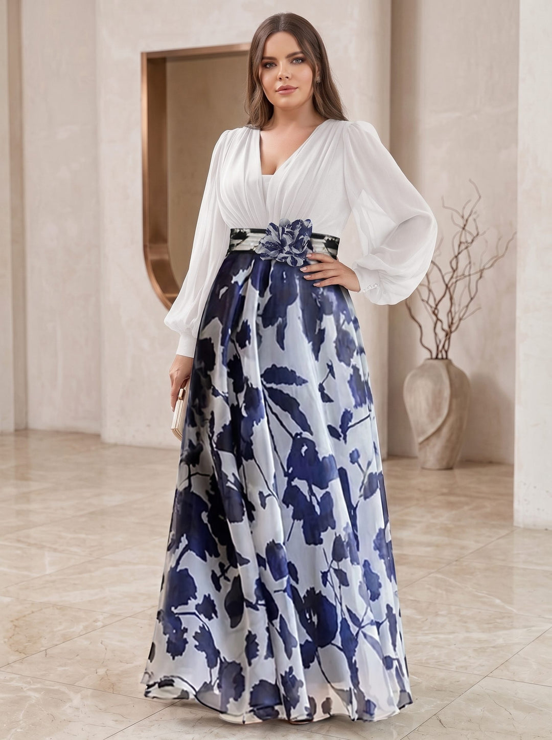 A Line/Princess V-Neck Long Sleeves Floor Length Floral Plus Size Mother of the Bride Dresses With Flower
