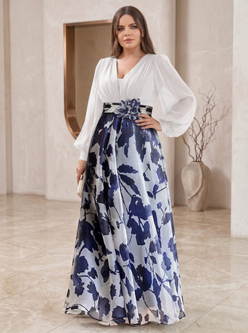 A Line/Princess V-Neck Long Sleeves Floor Length Floral Plus Size Mother of the Bride Dresses With Flower