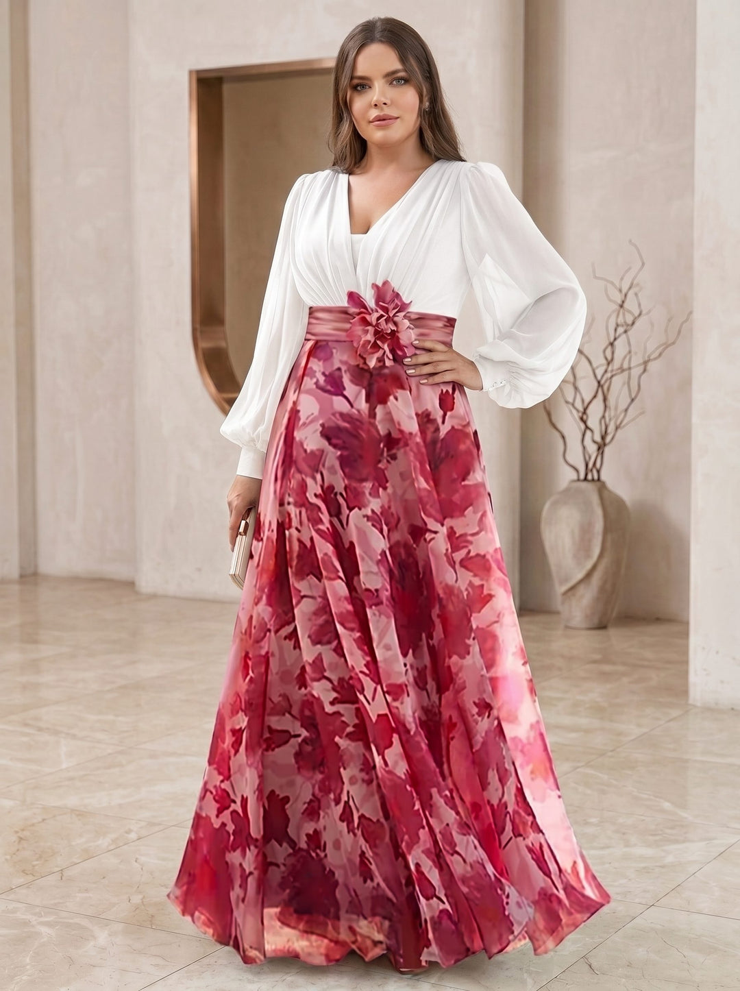A Line/Princess V-Neck Long Sleeves Floor Length Floral Plus Size Mother of the Bride Dresses With Flower