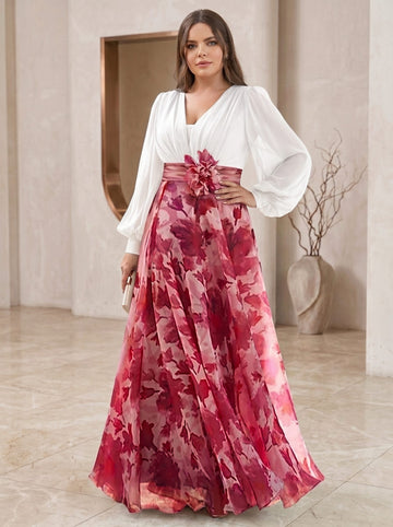 A Line/Princess V-Neck Long Sleeves Floor Length Floral Plus Size Mother of the Bride Dresses With Flower