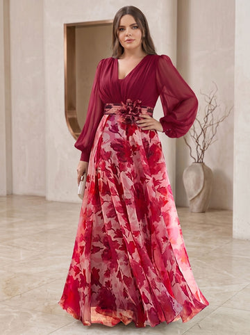 A Line/Princess V-Neck Long Sleeves Floor Length Floral Plus Size Mother of the Bride Dresses With Flower