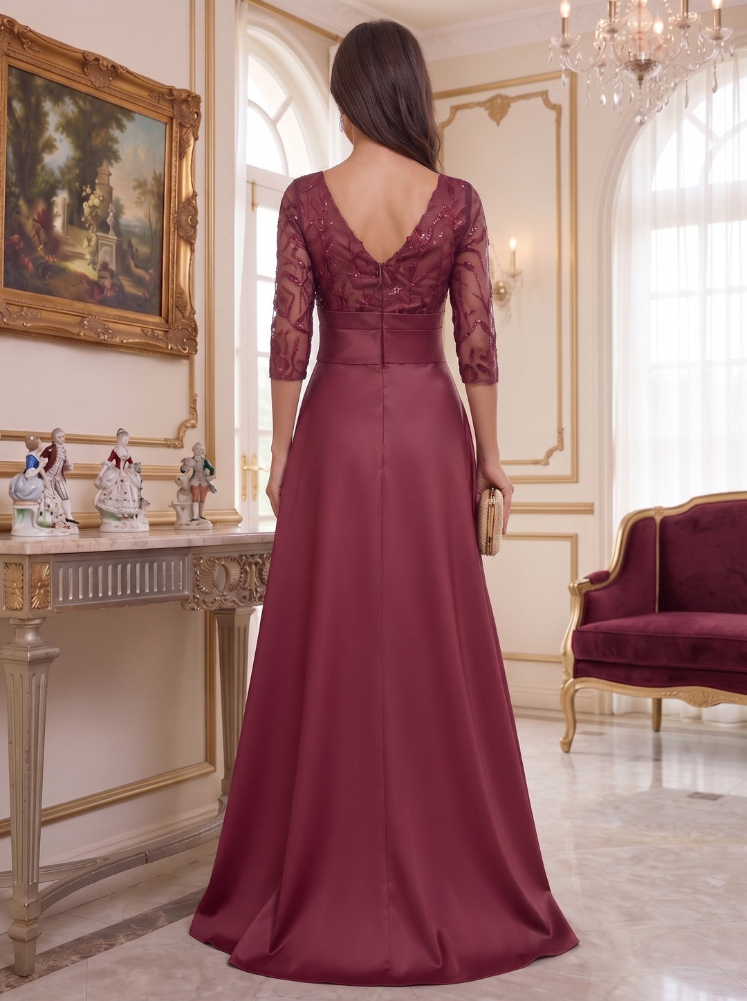 A-Line/Princess V-Neck Floor-Length Mother of the Bride Dresses with Split Side Ruffles Sequins Bow(s)