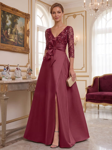 A-Line/Princess V-Neck Floor-Length Mother of the Bride Dresses with Split Side Ruffles Sequins Bow(s)