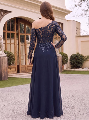 A-Line/Princess One-Shoulder Long Sleeves Floor Length Mother of the Bride Dresses with High Split