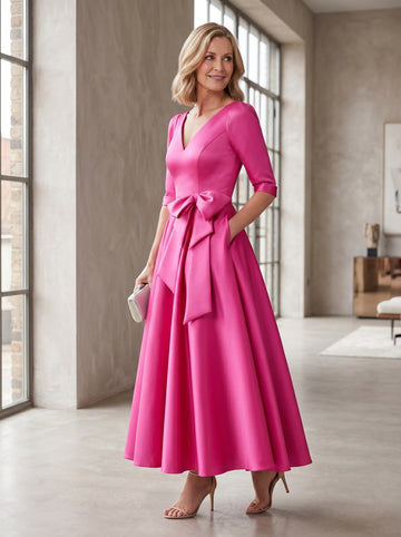 A-Line/Princess V Neck 3/4 Length Sleeve Tea Length Satin Mother of the Bride Dresses with Bow(s)