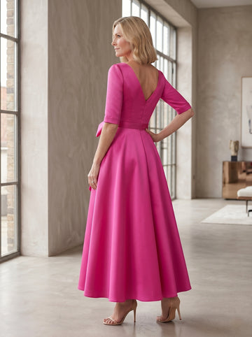 A-Line/Princess V Neck 3/4 Length Sleeve Tea Length Satin Mother of the Bride Dresses with Bow(s)