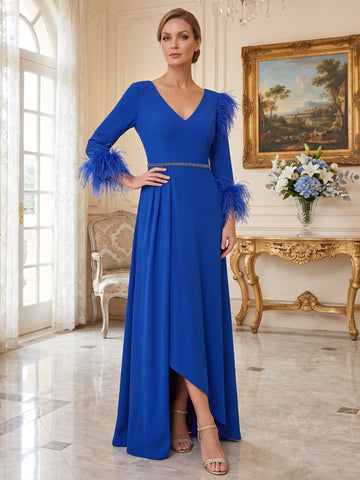 A-Line/Princess Plunging Neck 3/4 Length Sleeve Floor-Length Pleats Feather Mother Of The Bride Dresses