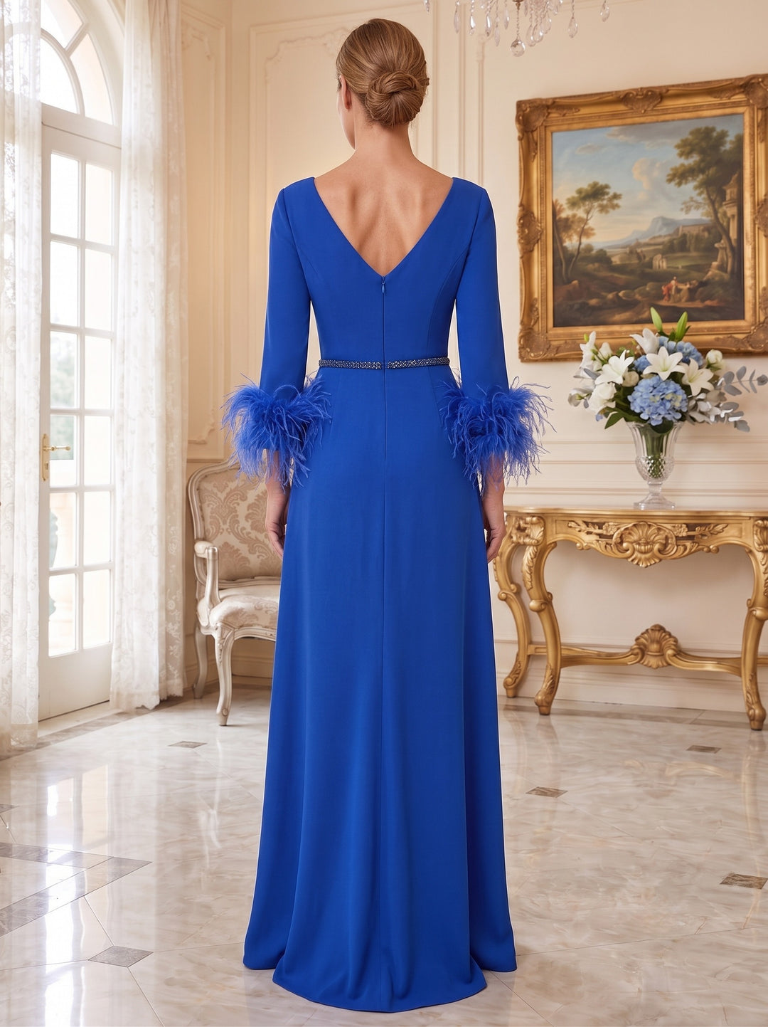 A-Line/Princess Plunging Neck 3/4 Length Sleeve Floor-Length Pleats Feather Mother Of The Bride Dresses