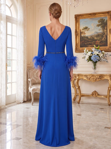 A-Line/Princess Plunging Neck 3/4 Length Sleeve Floor-Length Pleats Feather Mother Of The Bride Dresses