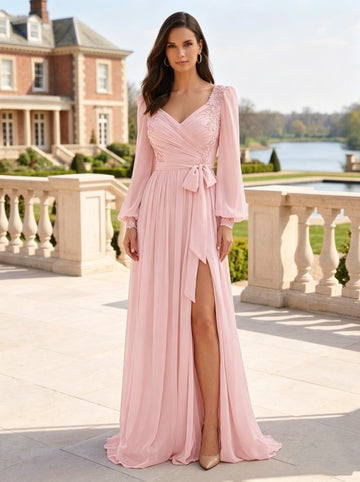 A-Line/Princess Sweetheart Long Sleeves Floor-Length Plus Size Mother of the Bride Dresses with Lace & Pleated