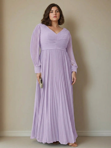 A-Line/Princess V-neck Long Sleeves Floor-Length Plus Size Mother of the Bride Dresses with Pleated