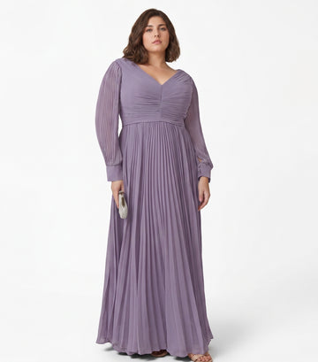 A-Line/Princess V-neck Long Sleeves Floor-Length Plus Size Mother of the Bride Dresses with Pleated