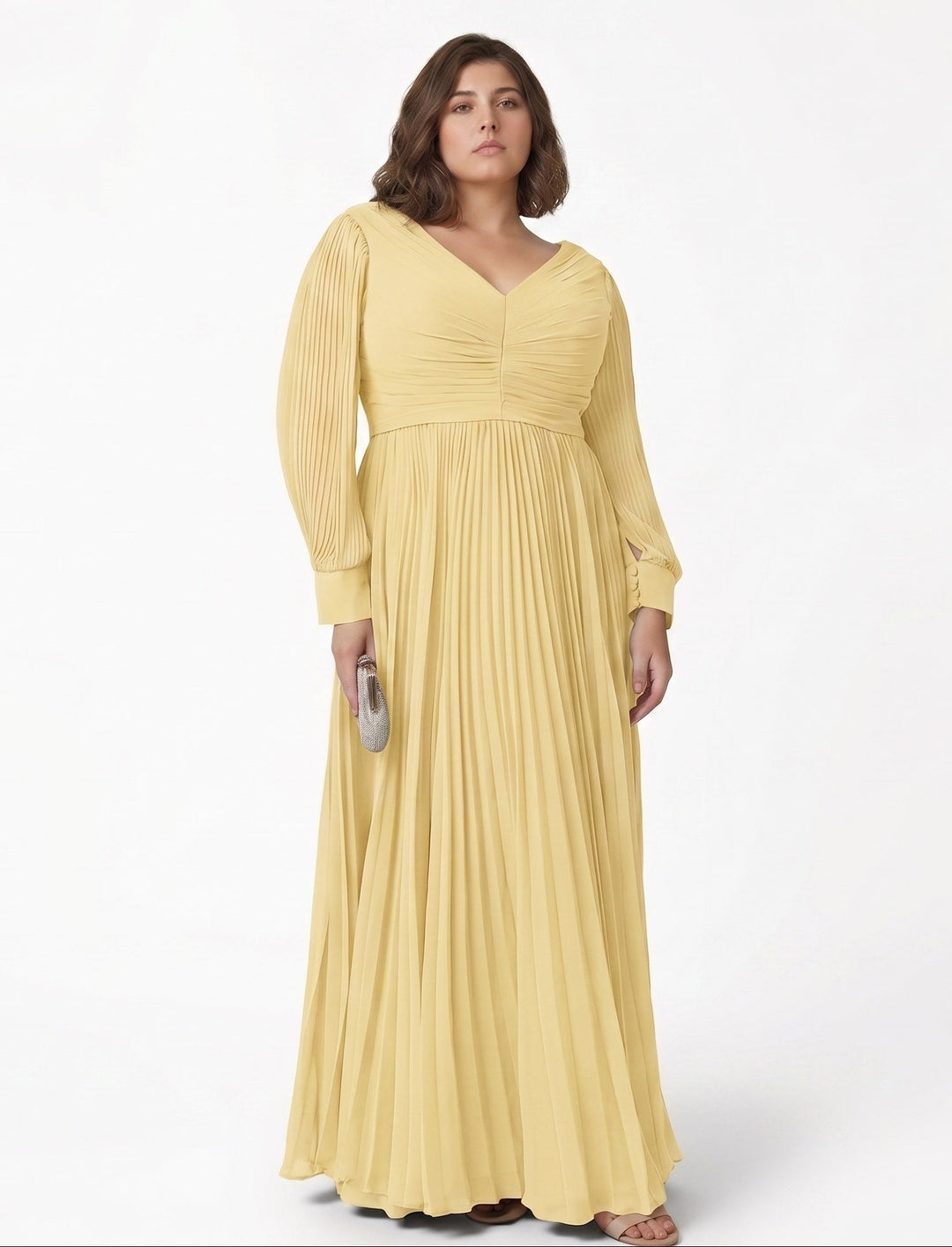 A-Line/Princess V-neck Long Sleeves Floor-Length Plus Size Mother of the Bride Dresses with Pleated