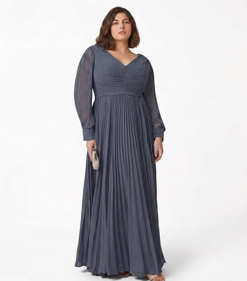 A-Line/Princess V-neck Long Sleeves Floor-Length Plus Size Mother of the Bride Dresses with Pleated