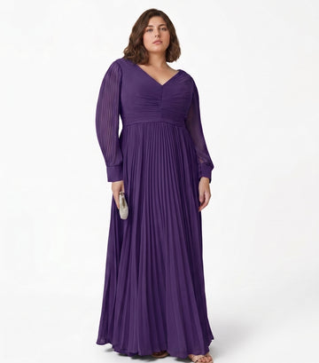 A-Line/Princess V-neck Long Sleeves Floor-Length Plus Size Mother of the Bride Dresses with Pleated