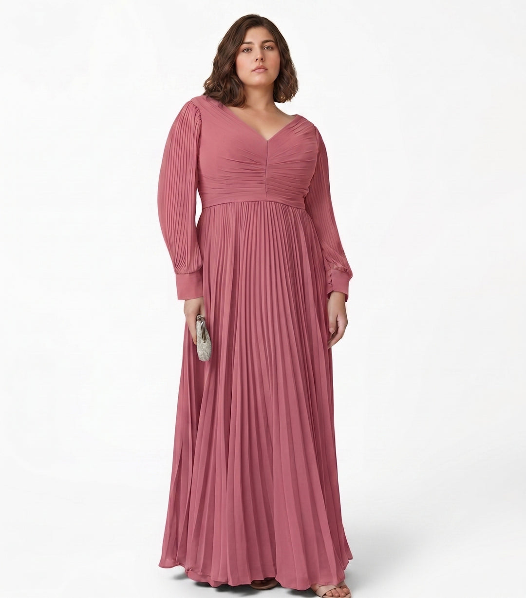 A-Line/Princess V-neck Long Sleeves Floor-Length Plus Size Mother of the Bride Dresses with Pleated