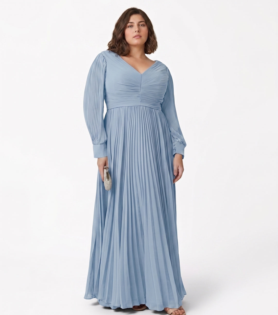 A-Line/Princess V-neck Long Sleeves Floor-Length Plus Size Mother of the Bride Dresses with Pleated