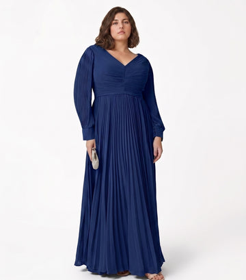 A-Line/Princess V-neck Long Sleeves Floor-Length Plus Size Mother of the Bride Dresses with Pleated