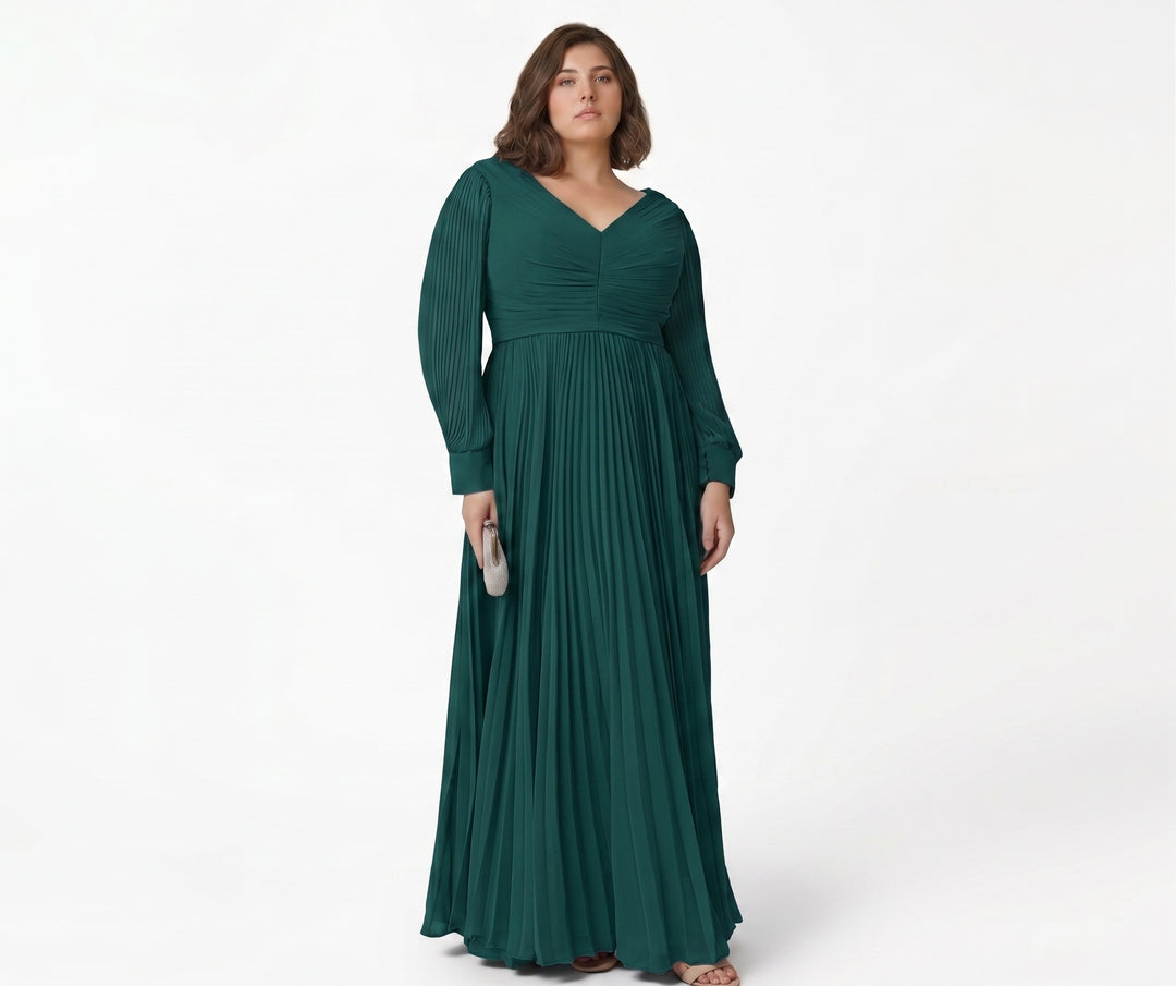 A-Line/Princess V-neck Long Sleeves Floor-Length Plus Size Mother of the Bride Dresses with Pleated