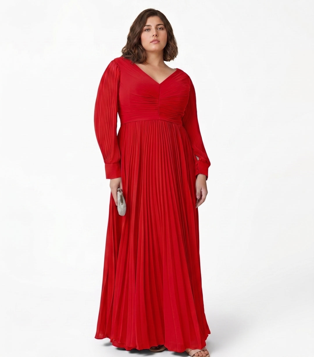 A-Line/Princess V-neck Long Sleeves Floor-Length Plus Size Mother of the Bride Dresses with Pleated