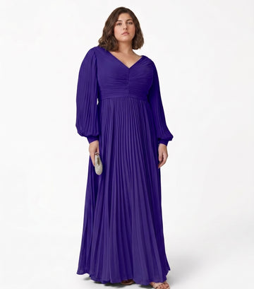 A-Line/Princess V-neck Long Sleeves Floor-Length Plus Size Mother of the Bride Dresses with Pleated