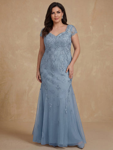 Trumpet/Mermaid Sweetheart Cap Sleeves Floor-Length Plus Size Mother of the Bride Dresses with Lace, Beaded & Sequins