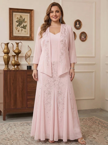 A-Line/Princess 2 Pieces V-Neck Tea-Length Plus Size Mother of the Bride Dresses with Jacket & Sequins