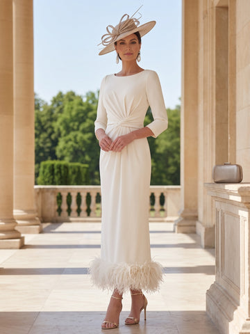 Sheath/Column Scoop Neck Ankle Length Elegant Mother of the Bride  & Groom Dresses with Feather