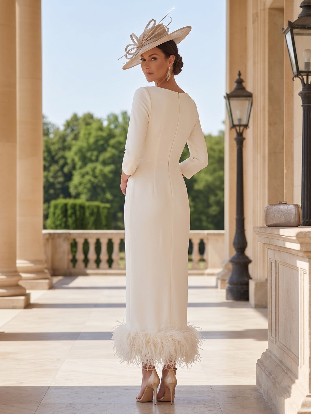 Sheath/Column Scoop Neck Ankle Length Elegant Mother of the Bride  & Groom Dresses with Feather