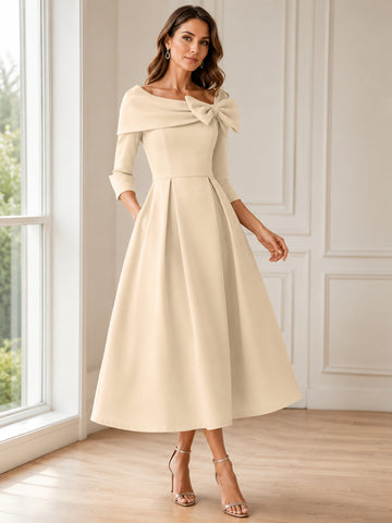 A-Line/Princess Cowl Neck Bow(s) 3/4 Sleeves Tea Length Elegant Mother of the Bride  & Groom Dresses