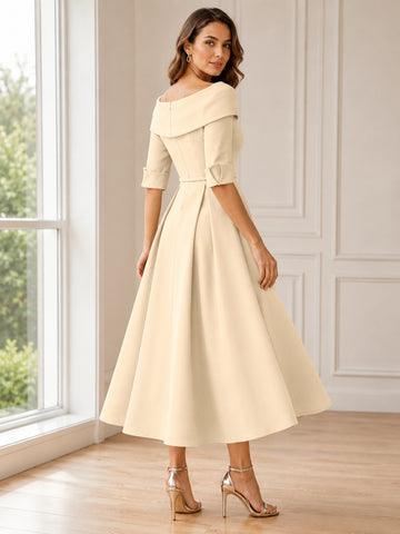 A-Line/Princess Cowl Neck Bow(s) 3/4 Sleeves Tea Length Elegant Mother of the Bride  & Groom Dresses