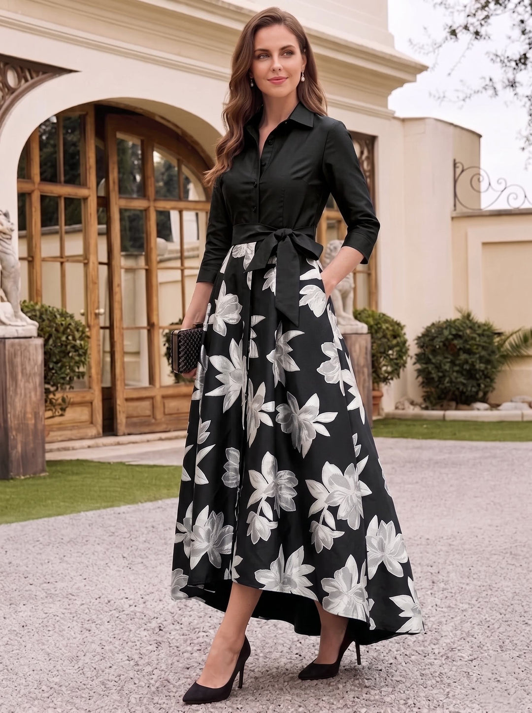 A-Line/Princess Shirt Collar 3/4 Sleeves Floor Length Printed Flower Mother of the Bride Dresses