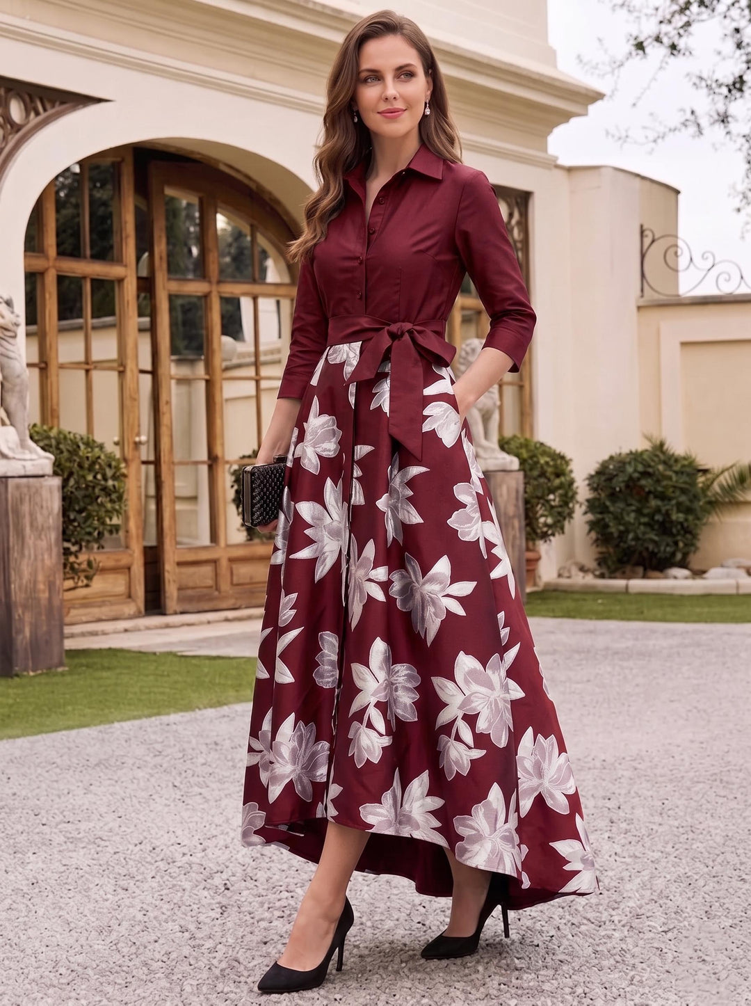 A-Line/Princess Shirt Collar 3/4 Sleeves Floor Length Printed Flower Mother of the Bride Dresses