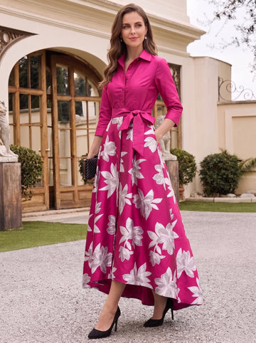 A-Line/Princess Shirt Collar 3/4 Sleeves Floor Length Printed Flower Mother of the Bride Dresses
