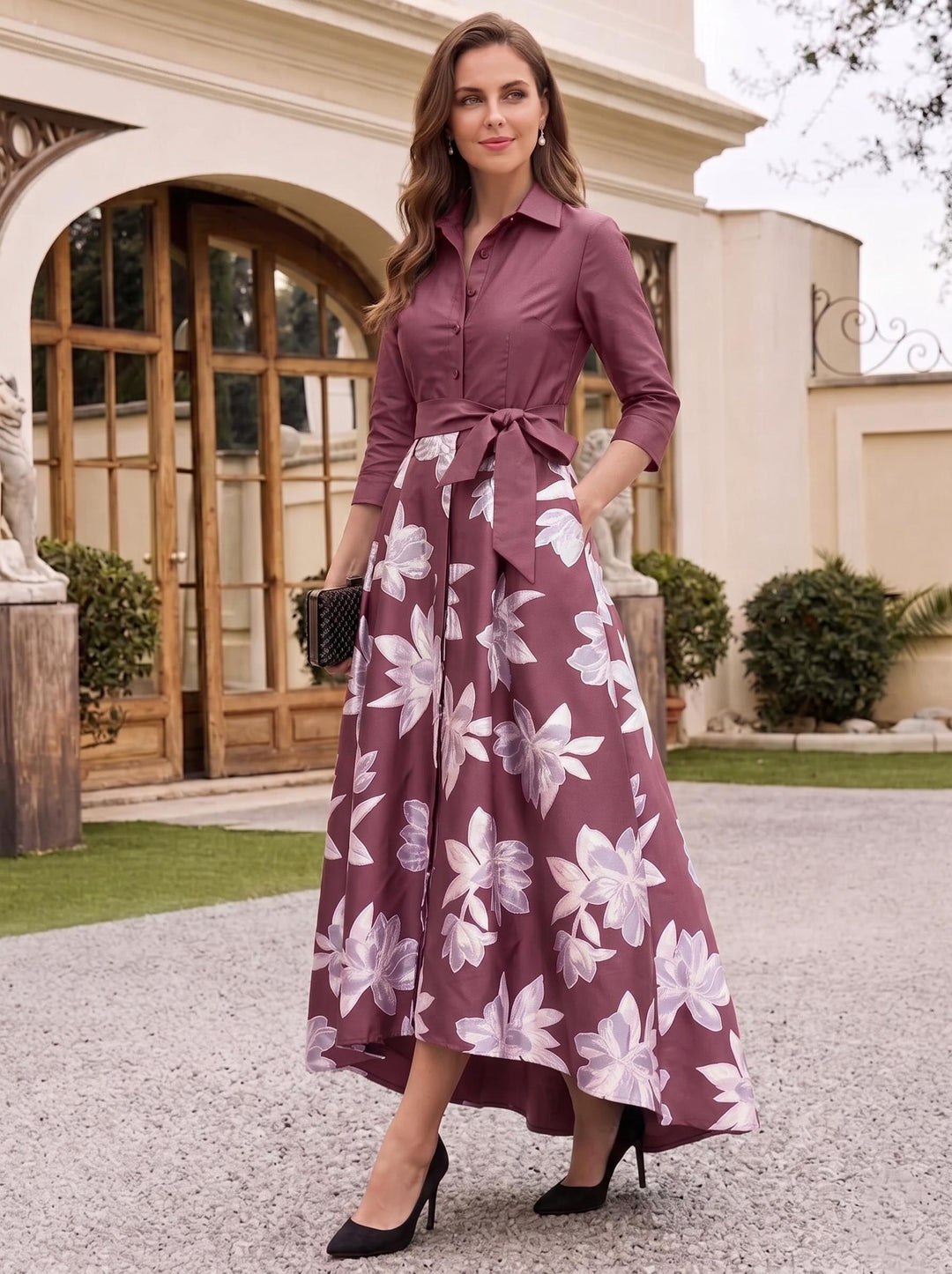 A-Line/Princess Shirt Collar 3/4 Sleeves Floor Length Printed Flower Mother of the Bride Dresses