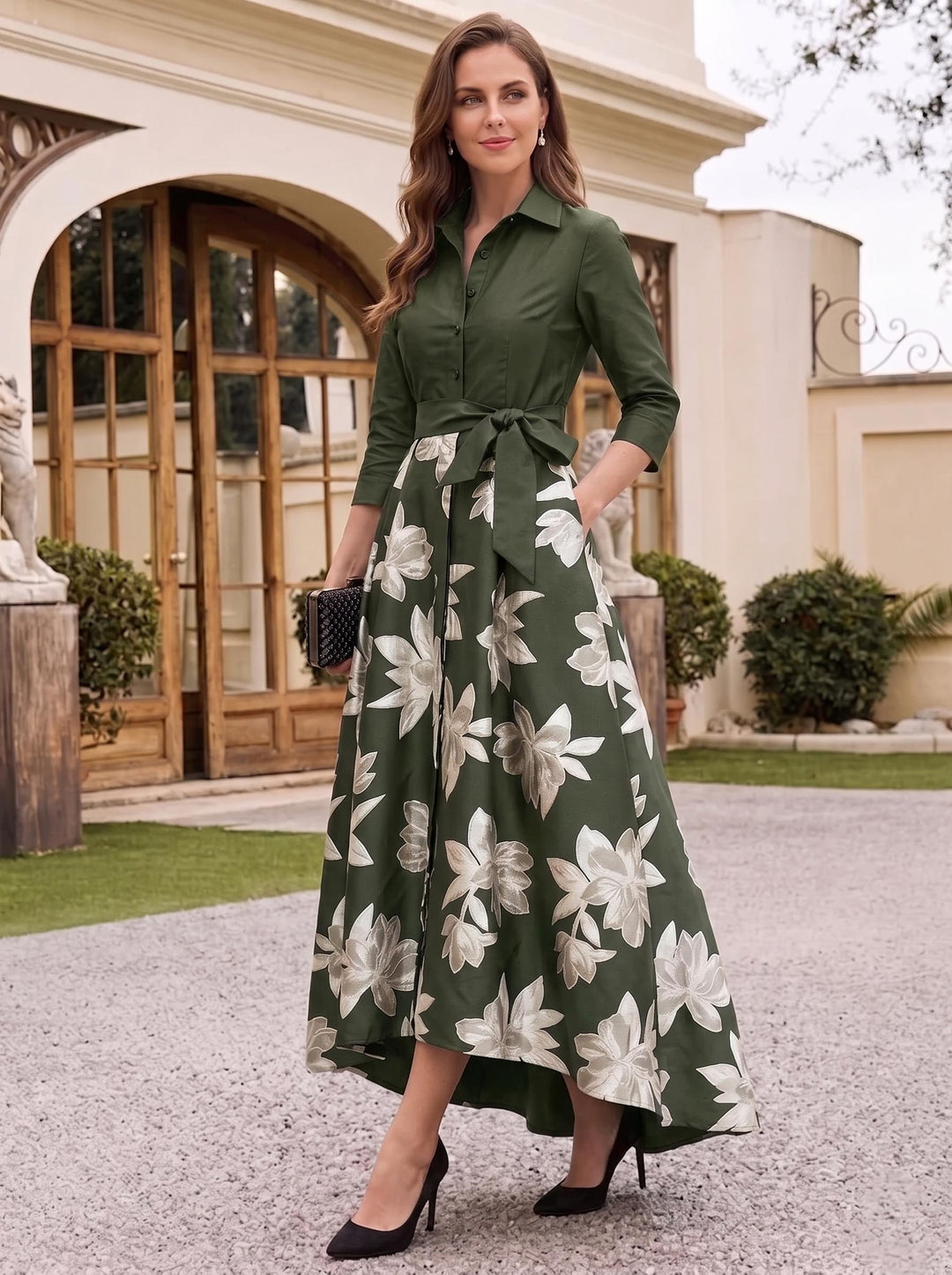 A-Line/Princess Shirt Collar 3/4 Sleeves Floor Length Printed Flower Mother of the Bride Dresses