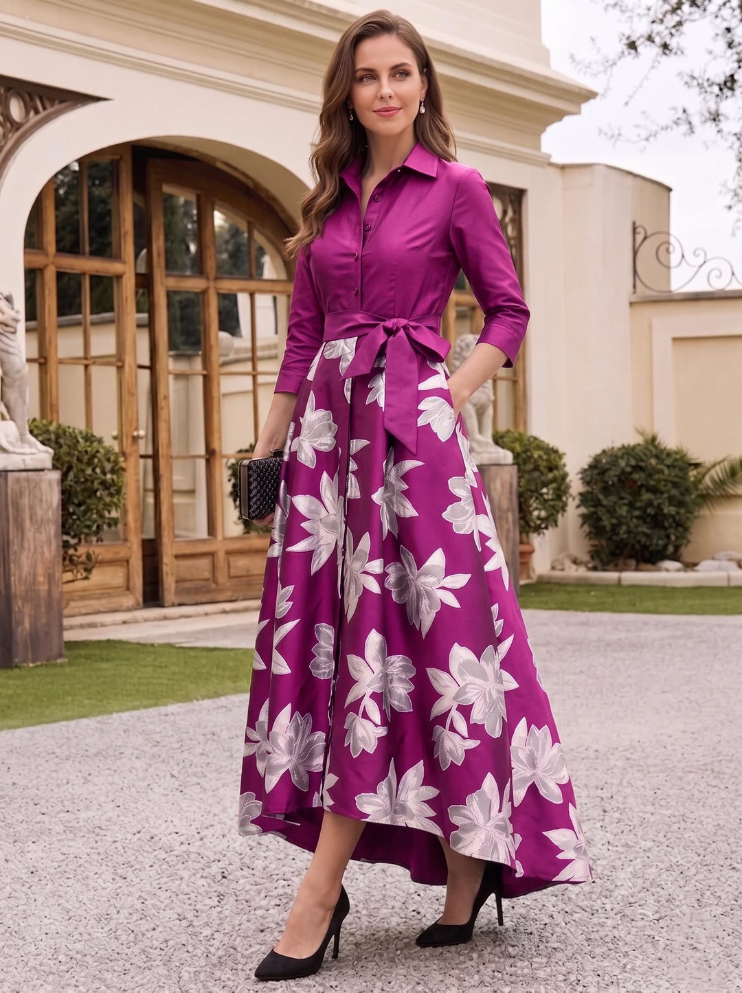 A-Line/Princess Shirt Collar 3/4 Sleeves Floor Length Printed Flower Mother of the Bride Dresses