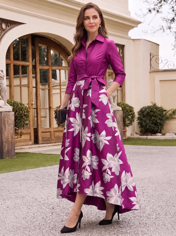 A-Line/Princess Shirt Collar 3/4 Sleeves Floor Length Printed Flower Mother of the Bride Dresses