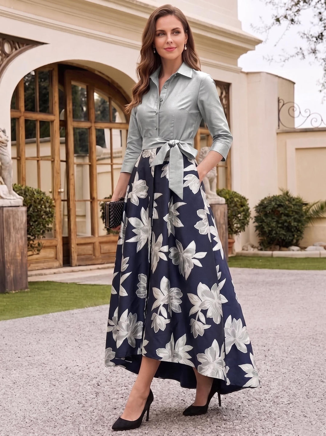 A-Line/Princess Shirt Collar 3/4 Sleeves Floor Length Printed Flower Mother of the Bride Dresses