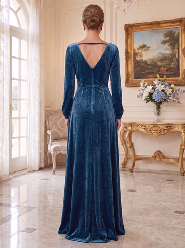 A-Line/Princess V-Neck Long Sleeves Floor-Length Velvet Mother of the Bride Dresses with Ruffles