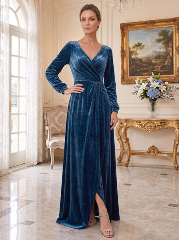 A-Line/Princess V-Neck Long Sleeves Floor-Length Velvet Mother of the Bride Dresses with Ruffles