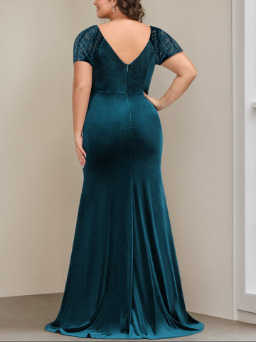 Trumpet/Mermaid V-Neck Short Sleeves Floor-Length Velvet Mother of the Bride Dresses with Ruffles & Appliques