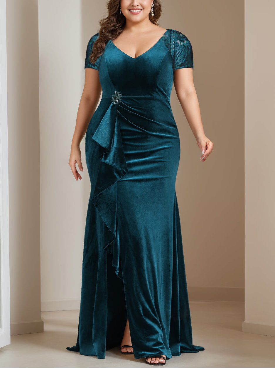 Trumpet/Mermaid V-Neck Short Sleeves Floor-Length Velvet Mother of the Bride Dresses with Ruffles & Appliques