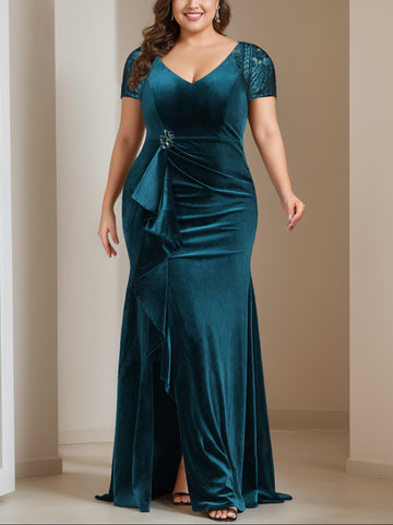 Trumpet/Mermaid V-Neck Short Sleeves Floor-Length Velvet Mother of the Bride Dresses with Ruffles & Appliques