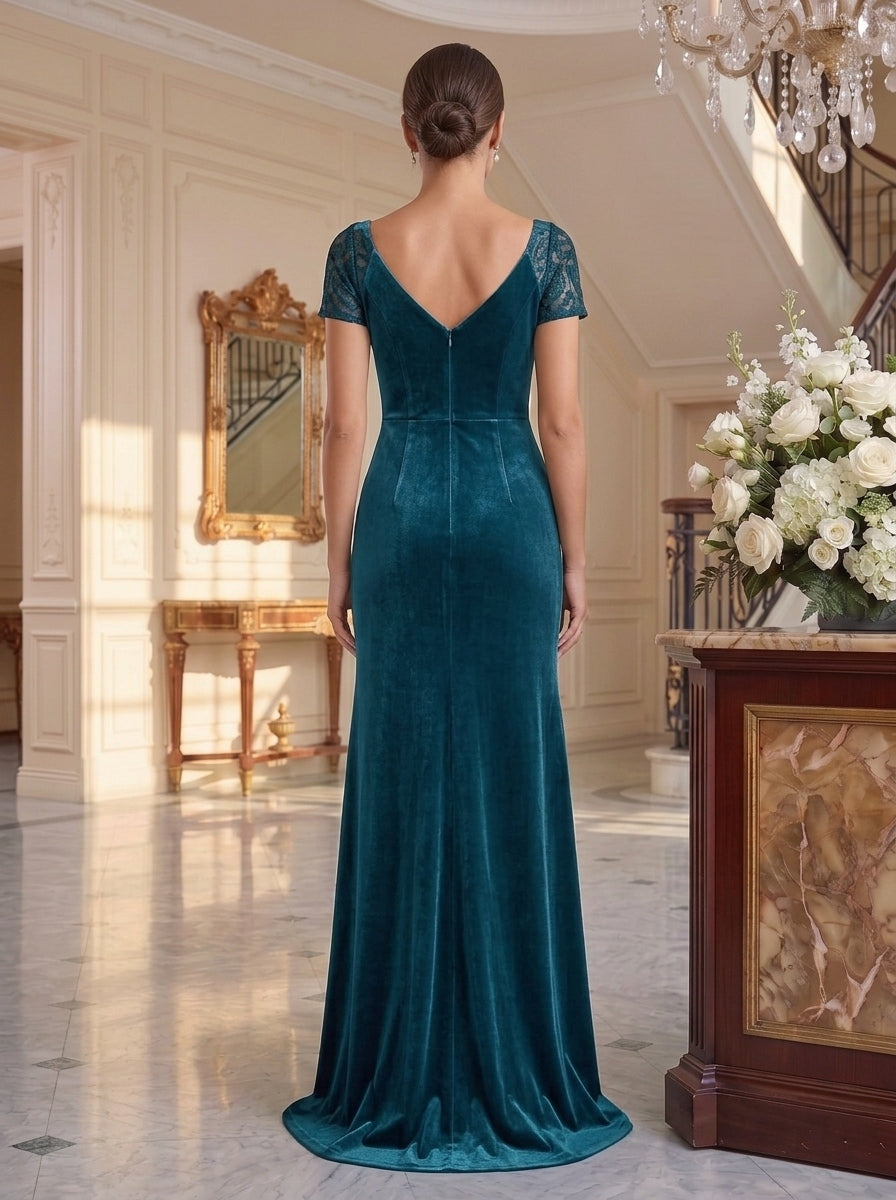 Trumpet/Mermaid V-Neck Short Sleeves Floor-Length Velvet Mother of the Bride Dresses with Ruffles & Appliques