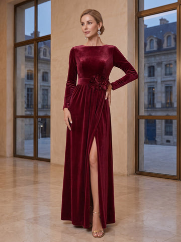 A-Line/Princess Scoop Neck Long Sleeves Floor-Length Mother of the Bride Dresses with Ruffles