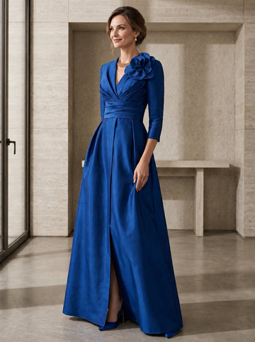 A Line/Princess V-Neck 3/4 Sleeves Floor-Length Mother of the Bride Dresses with Ruched, Draping, Split Front, Flower & Ruching