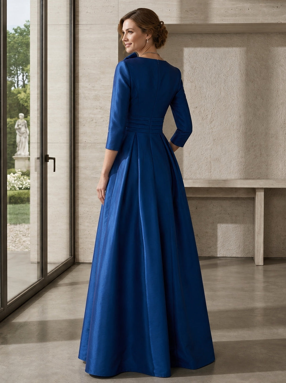 A Line/Princess V-Neck 3/4 Sleeves Floor-Length Mother of the Bride Dresses with Ruched, Draping, Split Front, Flower & Ruching