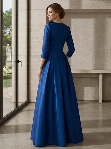 A Line/Princess V-Neck 3/4 Sleeves Floor-Length Mother of the Bride Dresses with Ruched, Draping, Split Front, Flower & Ruching