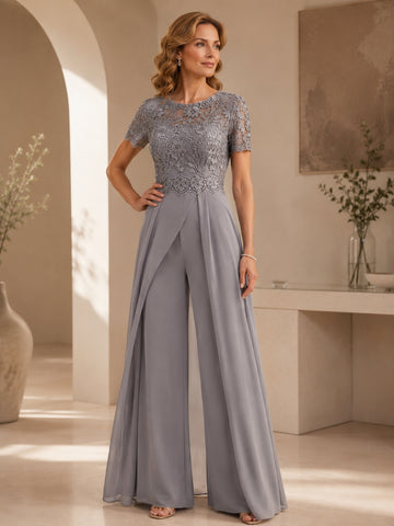 Stretch Chiffon Round Neck Short Sleeves Floor Length Mother of the Bride Pantsuits with Appliques Lace
